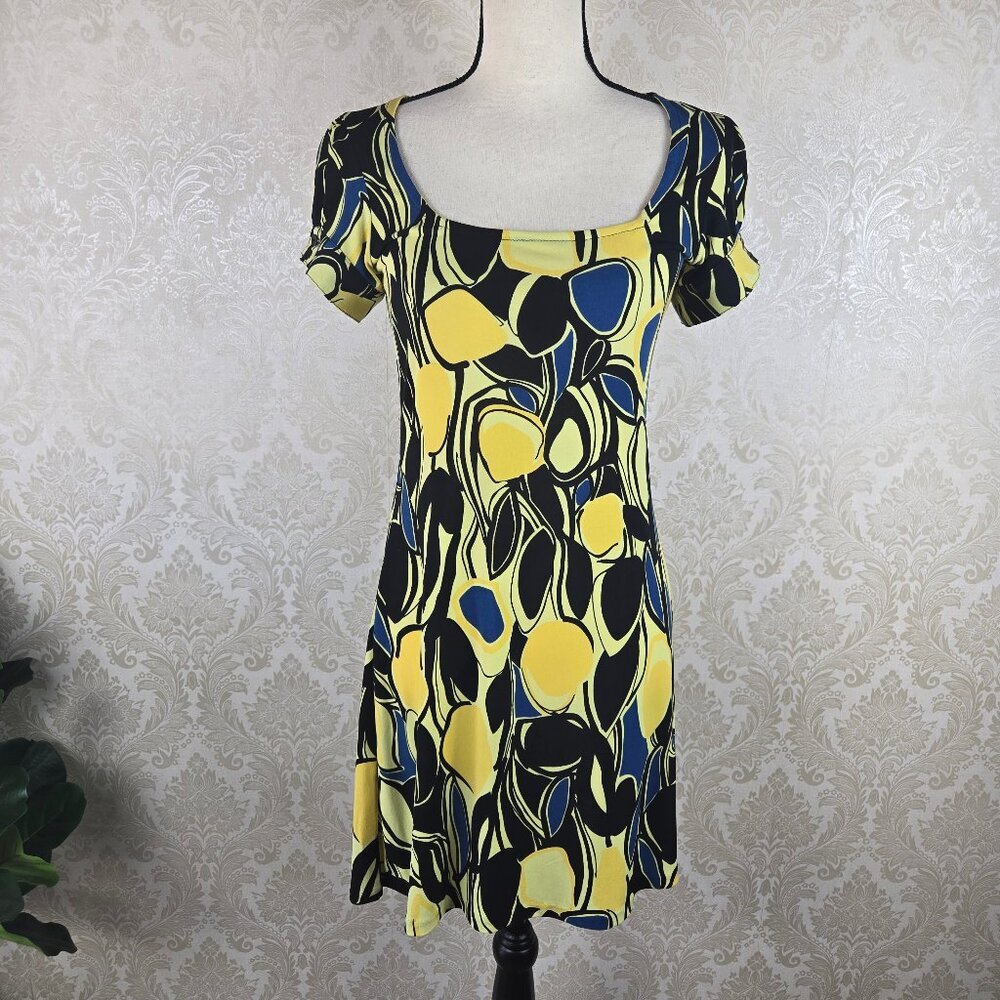 INC Size Small Square Neck Dress Yellow Black Blue Short Sleeve Stretch A-Line